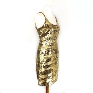 70's Women's Gold Sequined Strapped Pencil Dress Sz 12 Vintage A. J. Bari